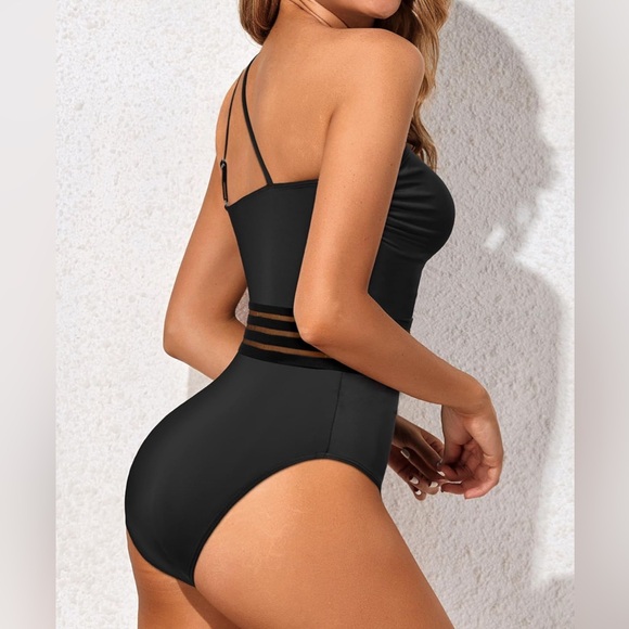 Chic Black XS One Shoulder Mesh Waist One Piece Swimsuit for Women - Picture 5 of 5